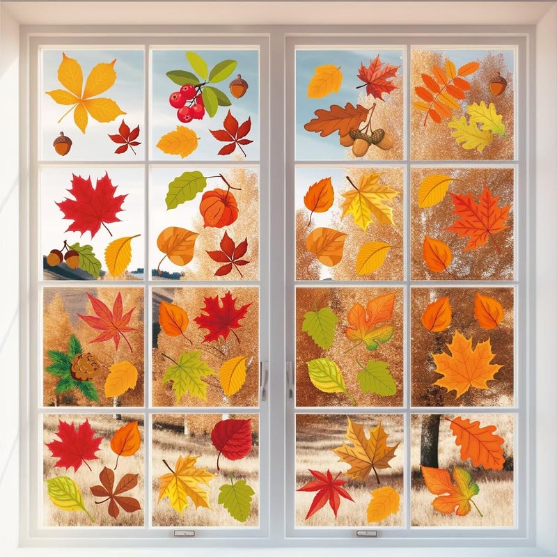 DothRayan Fall Window Clings, 9 Sheets Autumn Maple Leaf Window Decals Clings for Glass Windows Thanksgiving Decorations - Image 1
